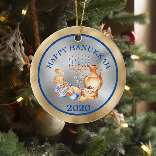 Happy Hanukkah Gold Silver Menorah Keramik Ornament (Von Creator hochgeladen)