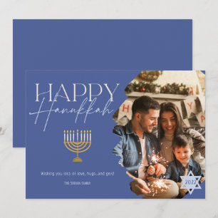 Happy Hanukkah goldblaue Skript menorah Foto Feiertagskarte