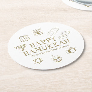 Happy Hanukkah goldfarbener Name Runder Pappuntersetzer