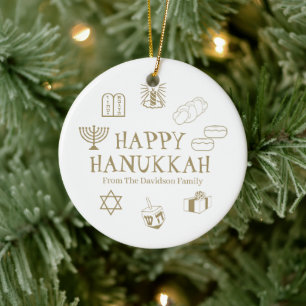 Happy Hanukkah Goldweiße individuelle Name bevorzu Keramik Ornament