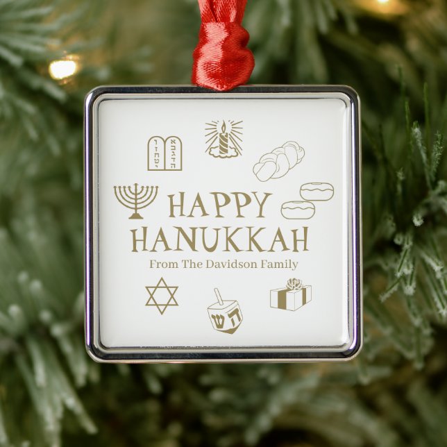 Happy Hanukkah Goldweiße individuelle Name bevorzu Ornament Aus Metall (Baum)