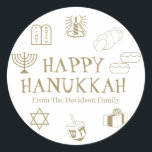 Happy Hanukkah Goldweiße individuelle Name Geschen Runder Aufkleber<br><div class="desc">Happy Hanukkah,  personifizieren Sie Familiennamensgeschenk für Aufkleber Happy Hanukkah,  Happy Chanukah,  Hanukkah Sameach!,  Chag Sameach!,  Chag Urim Sameach! Imitate Gold und Weiß!</div>