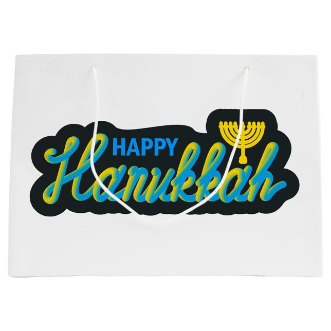 Happy Hanukkah Große Geschenktüte (A white paper gift bag with a Hanukkah graphic is shown. )