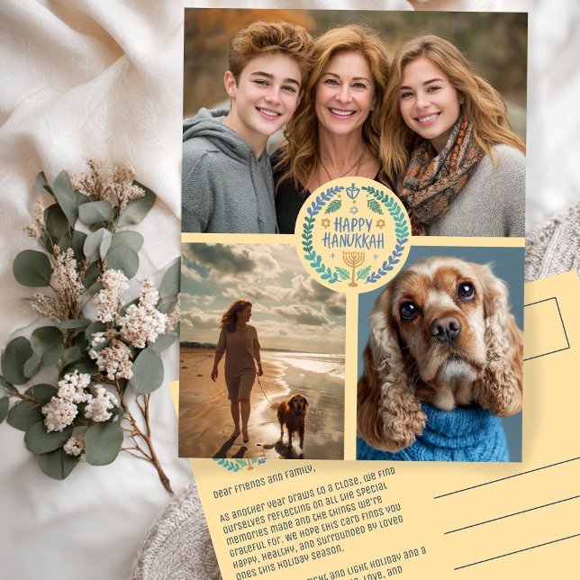 Happy Hanukkah Hand Gezeichnet CUSTOM 3 FOTO Urlau Postkarte (Happy Hanukkah Hand-Drawn CUSTOM 3 PHOTO Holiday Postcard
)