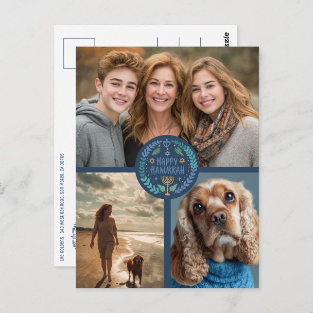 Happy Hanukkah Hand Gezeichnet CUSTOM 3 FOTO Urlau Postkarte (Vorne/Hinten)