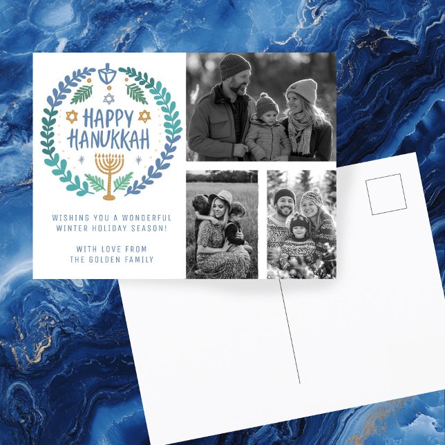 Happy Hanukkah Hand Gezeichnet CUSTOM 3 FOTOS Urla Postkarte (Happy Hanukkah Hand-Drawn CUSTOM 3 PHOTOS Holiday Postcard
)