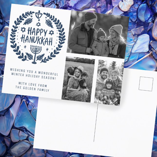 Happy Hanukkah Hand Gezeichnet CUSTOM 3 FOTOS Urla Postkarte (Happy Hanukkah Hand-Drawn CUSTOM three PHOTOS Modern Holiday Postcard
)