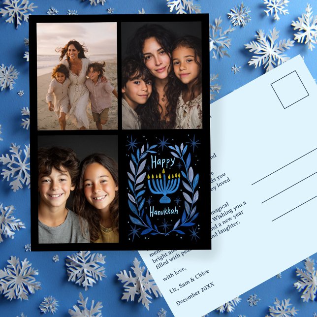 HAPPY HANUKKAH HandGezeichnet CUSTOM 3 FOTO Letter Feiertagspostkarte (HAPPY HANUKKAH Hand-Drawn CUSTOM 3 PHOTO Collage Holiday Postcard
)