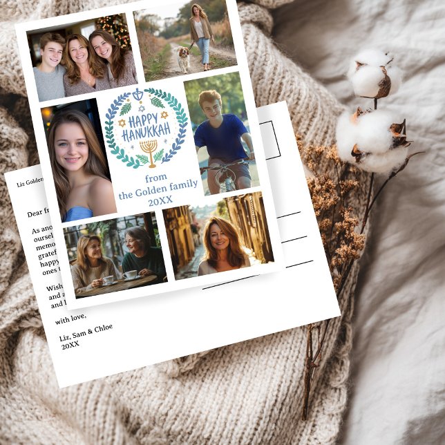 HAPPY HANUKKAH HandGezeichnet CUSTOM 6 FOTO Urlaub Postkarte (HAPPY HANUKKAH Hand-Drawn CUSTOM 6 PHOTO Collage Holiday Postcard
)
