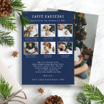 Happy Hanukkah Holiday Card Feiertagskarte<br><div class="desc">Happy Hanukkah Holiday Card. Mit unserer schicken "Happy Hanukkah" personalisierten Foto-Urlaubskarte lassen Sie Ihre Gefühle voll und ganz entfalten. Dieser stilvolle Sake mit einem Vintagen Schriftart für Schreibmaschinen und Platz für 7 (vorne und hinten) Fotos ist eine perfekte Mischung aus Nostalgie und Stil. Weißer Text auf marineblau Hintergrund verstärkt seine...</div>