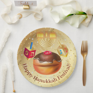 Happy Hanukkah Holiday Donuts und Menorah Gold Pappteller