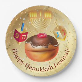 Happy Hanukkah Holiday Donuts und Menorah Gold Pappteller