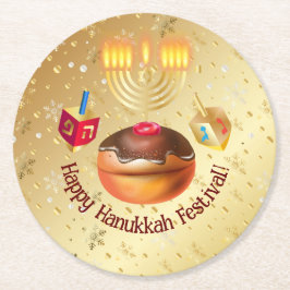 Happy Hanukkah Holiday Donuts und Menorah Gold Runder Pappuntersetzer