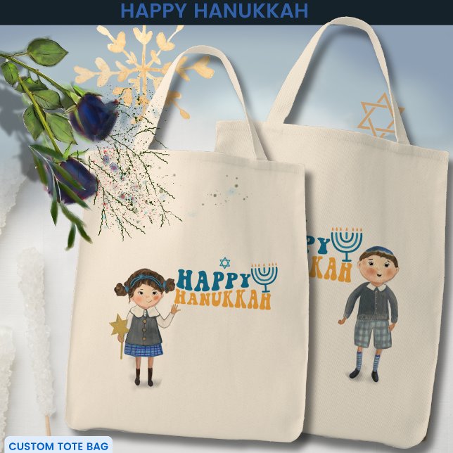 Happy Hanukkah Jewish Girl & Boy Tragetasche (Happy Hanukkah Jewish Girl & Boy Tote Bag)