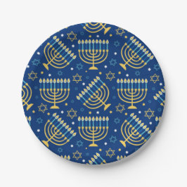 Happy Hanukkah Jewish Star Menorah Blue Paper Plat Pappteller