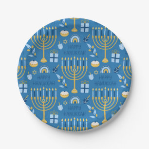Happy Hanukkah Jewish Star Menorah Blue Pappteller