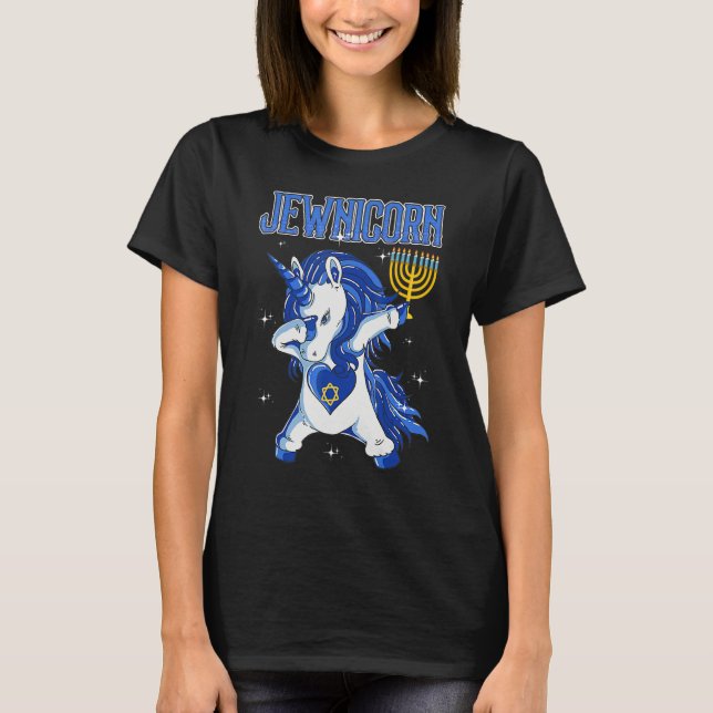 Happy Hanukkah Jewnicorn Dabbing Unicorn Christmas T-Shirt (Vorderseite)