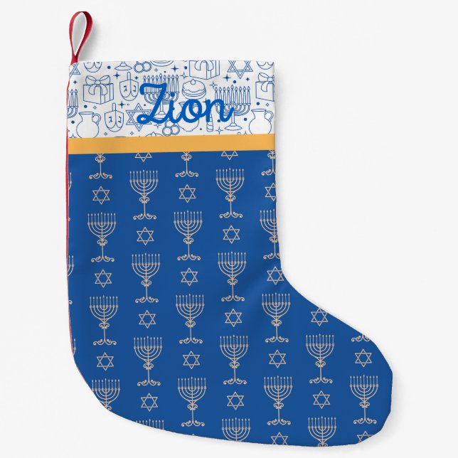 Happy Hanukkah: Judaika Blue White Candles Dreidel Kleiner Weihnachtsstrumpf (Vorderseite)