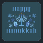 Happy Hanukkah jüdisches Festival Menorah Dreidel Quadratischer Aufkleber<br><div class="desc">Happy Hanukkah lustige jüdische Ferienaufkleber mit Schneeflocken,  Menorah und dreidel.</div>