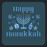 Happy Hanukkah jüdisches Festival Menorah Dreidel Quadratischer Aufkleber<br><div class="desc">Happy Hanukkah lustige jüdische Ferienaufkleber mit Schneeflocken,  Menorah und dreidel.</div>