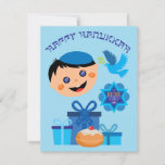 🕎 Happy Hanukkah, Junge, anpassbare Texte Karte<br><div class="desc">Happy Hanukkah,  glückliche Kinder mit Geschenken,  Donuts,  Tauben auf weißem Hintergrund</div>