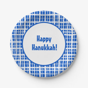 Happy Hanukkah! Kariert Blau und Weiß gestrichen Pappteller