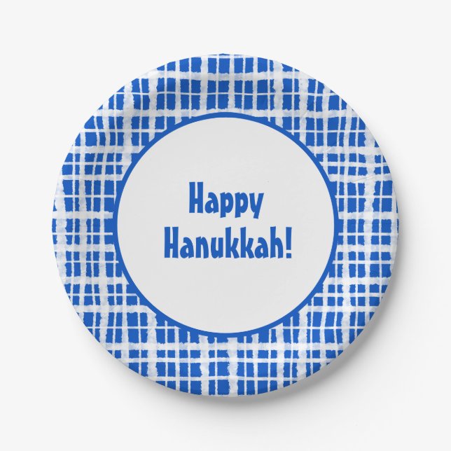 Happy Hanukkah! Kariert Blau und Weiß gestrichen Pappteller (Vorderseite)