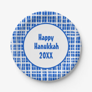 Happy Hanukkah Kariert blau und weiß gestrichen Pappteller