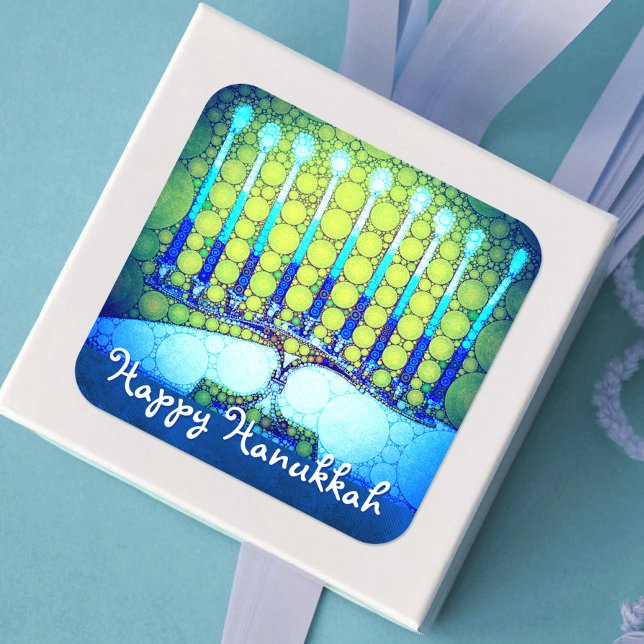 Happy Hanukkah Künstlerisch Türkis Blue Green Meno Quadratischer Aufkleber (Von Creator hochgeladen)