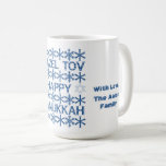 Happy Hanukkah Mazel Tov Star von David Menorah Kaffeetasse<br><div class="desc">Happy Hanukkah Mazel Tov Star von David Menorah Hebräische Feier Jüdische Feier Schneeflocken Typografie Muster Kaffeemaschine Tasse mit individuellem Text und Namen</div>