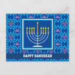 🕎 Happy Hanukkah, Menorah, anpassbare Postkarte<br><div class="desc">Happy Hanukkah mit Menorah auf blauem Hintergrund. Voll anpassbar zurück.</div>