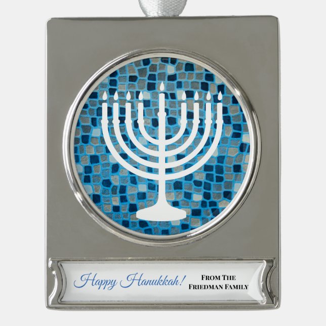 Happy Hanukkah Menorah Blue Mosaic Ornament (Vorderseite)