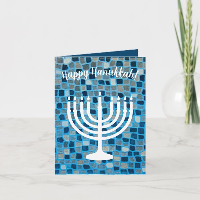 Happy Hanukkah Menorah Blue Mosaic Ornament Card Dankeskarte (Vorderseite)