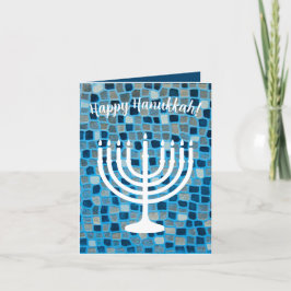 Happy Hanukkah Menorah Blue Mosaic Ornament Card Dankeskarte