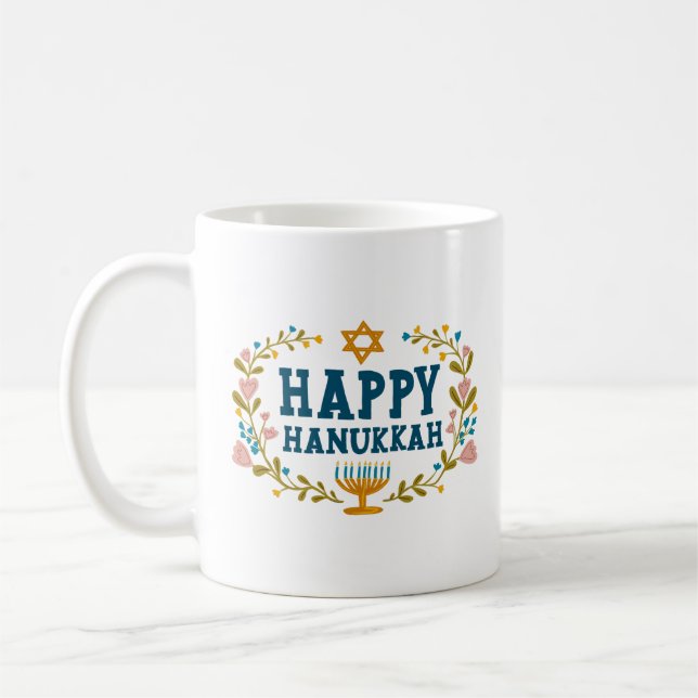 HAPPY HANUKKAH Menorah blumenjüdischer Urlaub Kaffeetasse (Links)