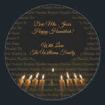 Happy Hanukkah Menorah Candles Elegant Runder Aufkleber<br><div class="desc">Happy Hanukkah Menorah Candles Eleganter Klassischer Rundaufkleber,  Name oder Text hinzufügen</div>