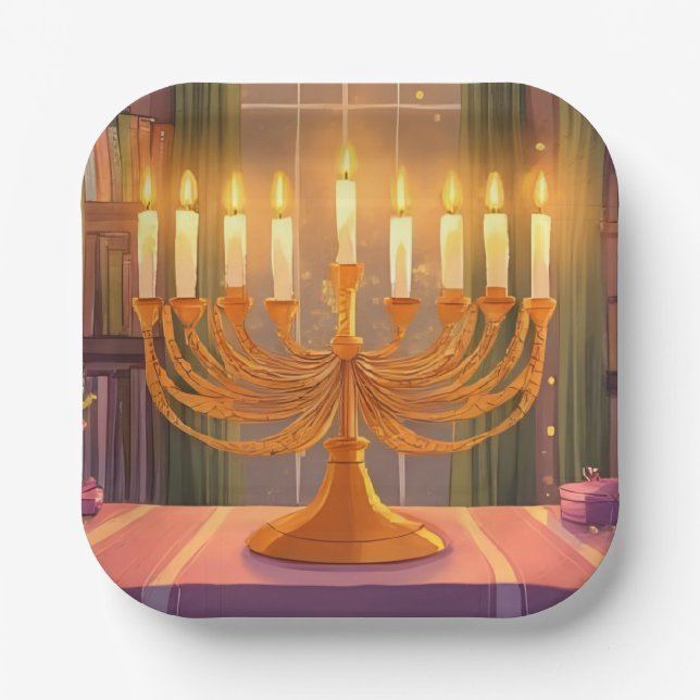 Happy Hanukkah Menorah Candles Oil Painting Pappteller (Vorderseite)