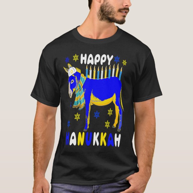 Happy Hanukkah Menorah Donkey Wearing Jewish Hat F T-Shirt (Vorderseite)