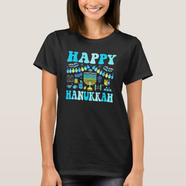 Happy Hanukkah Menorah Dreidel Book Latkes Pajamas T-Shirt (Vorderseite)