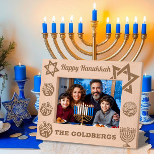 Happy Hanukkah Menorah, Dreidel, Gelt Individuelle Geätzte Rahmen