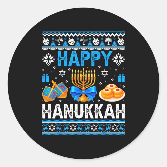 Happy Hanukkah Menorah Dreidel Ugly Chanukah Pajam Runder Aufkleber (Vorderseite)