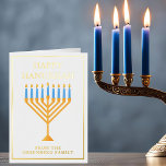 Happy Hanukkah Menorah Elegantes Custom Gold<br><div class="desc">Niedliche Goldfolie Happy Hanukkah Karte für eine jüdische Familie oder ein Chanukah Party mit Synagoge. Personalisieren Sie mit Ihrem eigenen Nachnamen oder Gruppendaten unter der hübschen blauen Menorah.</div>
