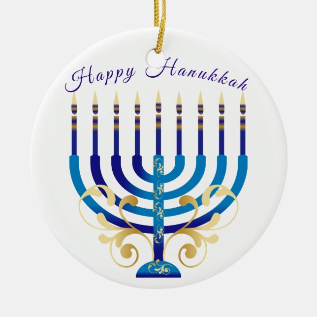 Happy Hanukkah menorah gelbe Goldkerzen Keramik Ornament (Vorne)