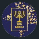 HAPPY HANUKKAH | Menorah | Gold Stars | NAVY BLUE Runder Aufkleber<br><div class="desc">Stilvolle festliche HANUKKAH Aufkleber mit Imitaten goldenen Sternen. FERIENBLESSINGS erscheinen in subtilen Hintergrundmustern.</div>