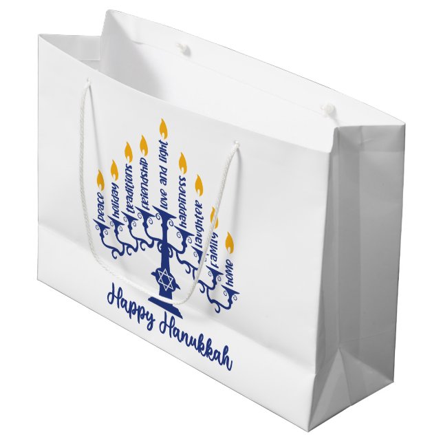Happy Hanukkah Menorah Große Geschenktüte (Vorderseite Schrägansicht)
