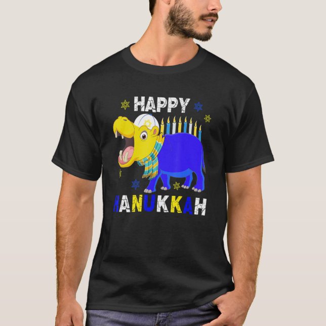 Happy Hanukkah Menorah Hippo mit jüdischem Hut T-Shirt (Vorderseite)