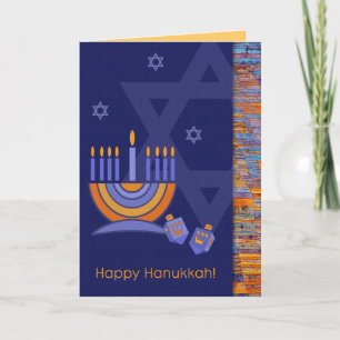 Happy Hanukkah. Menorah mit Dreidels Feiertagskarte