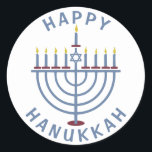 Happy Hanukkah Menorah Runder Aufkleber<br><div class="desc">Diese hübschen Aufkleber haben eine Menorah und die Worte "Happy Hanukkah". Die entsprechenden Party Einladungen finden Sie hier: https://www.zazzle.com/hanukkah_party_funny_whole_latke_fun_invitation-256781977102628379</div>