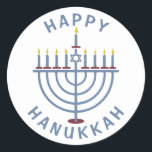 Happy Hanukkah Menorah Runder Aufkleber<br><div class="desc">Diese hübschen Aufkleber haben eine Menorah und die Worte "Happy Hanukkah". Die entsprechenden Party Einladungen finden Sie hier: https://www.zazzle.com/hanukkah_party_funny_whole_latke_fun_invitation-256781977102628379</div>