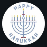 Happy Hanukkah Menorah Runder Aufkleber<br><div class="desc">Diese hübschen Aufkleber haben eine Menorah und die Worte "Happy Hanukkah". Die entsprechenden Party Einladungen finden Sie hier: https://www.zazzle.com/hanukkah_party_funny_whole_latke_fun_invitation-256781977102628379</div>